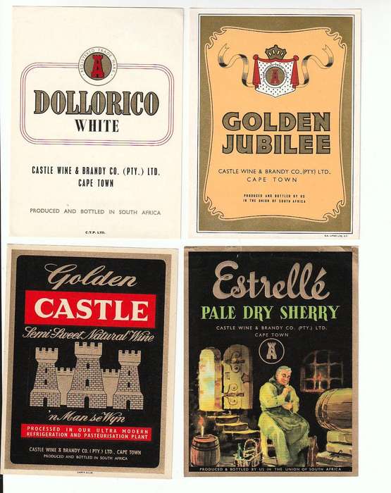 4 x Vintage Wine Bottle Labels, Castle Wine adn Brandy Co