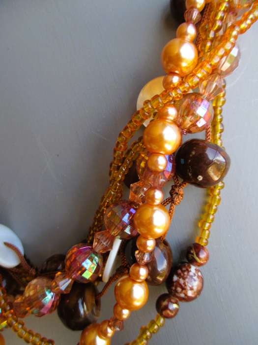 Vintage Multi strand brown necklace, wearable art, different size and style beads , bohemian. 50cm.