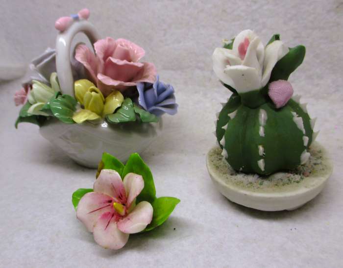 Vintage Bone China 3 piece Fine Porcelain Flower basket, Cactus and Royal Adderley Rose. basket 8cm