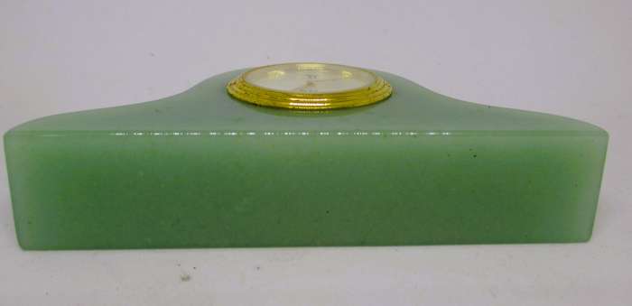 Vintage Miniature Art Deco Jadeite Green Glass Desk Clock, Mother of pearl face. 90x50mm