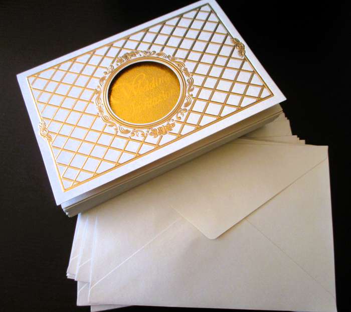 20 Vintage Satin and Lace Beige, gold embossed finishes Wedding Invation Cards with Envelopes. 17x12