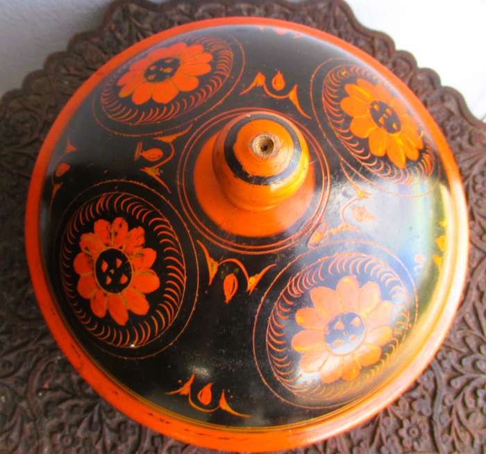 Vintage x 2 Wooden Spice Box Middle Eastern Rosewood Painted Lacquered Round