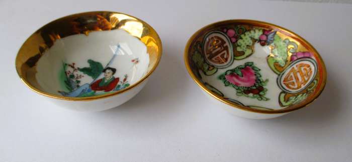 Two Vintage Egg Shell Porcelain Hand Painted Geisha Chinese Sauce Bowls