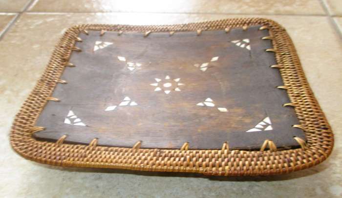 Vintage Chinese Wood and bone embedded Tray, wicker frame. On Three legs .200x180mm