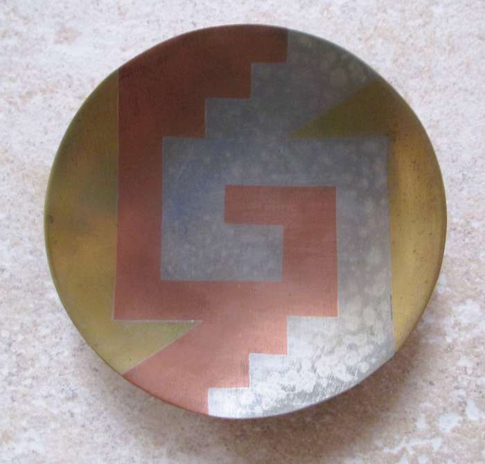 E. Cabello Mexican Modernist Handwrought Footed Plate Tray Copper Brass Silver Married Metals 14cm d