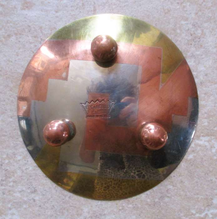 E. Cabello Mexican Modernist Handwrought Footed Plate Tray Copper Brass Silver Married Metals 14cm d