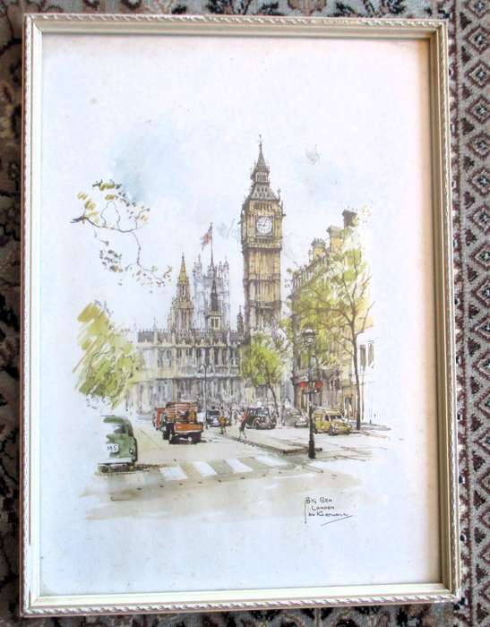 Dutch impressionist Jan Korthals - 1960s lithographic print, watercolour of Big Ben, Framed 250x340