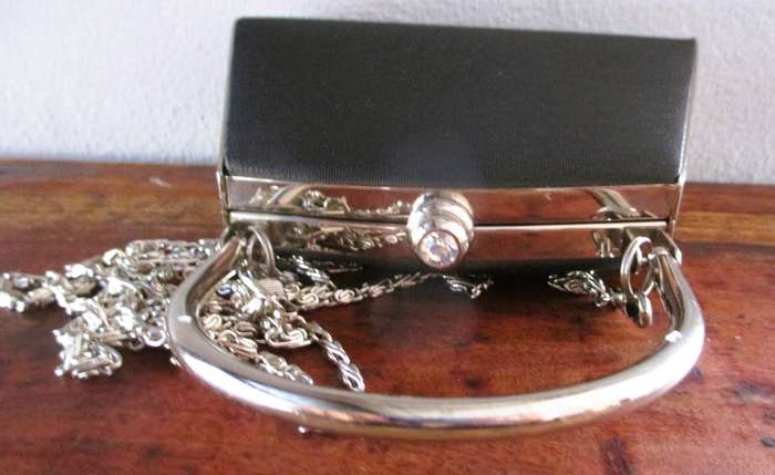 Black satin and silver color finiahes evening purse / clutch, rhinestone detail on clasp 15x12cm