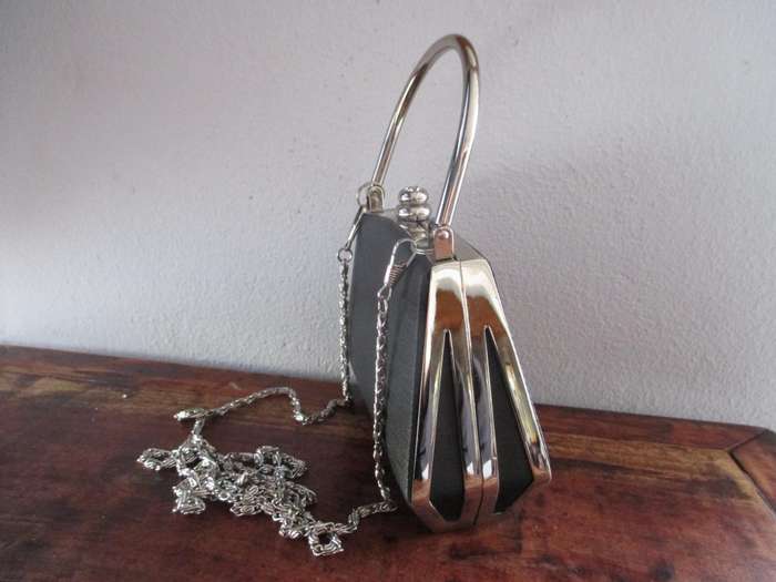 Black satin and silver color finiahes evening purse / clutch, rhinestone detail on clasp 15x12cm