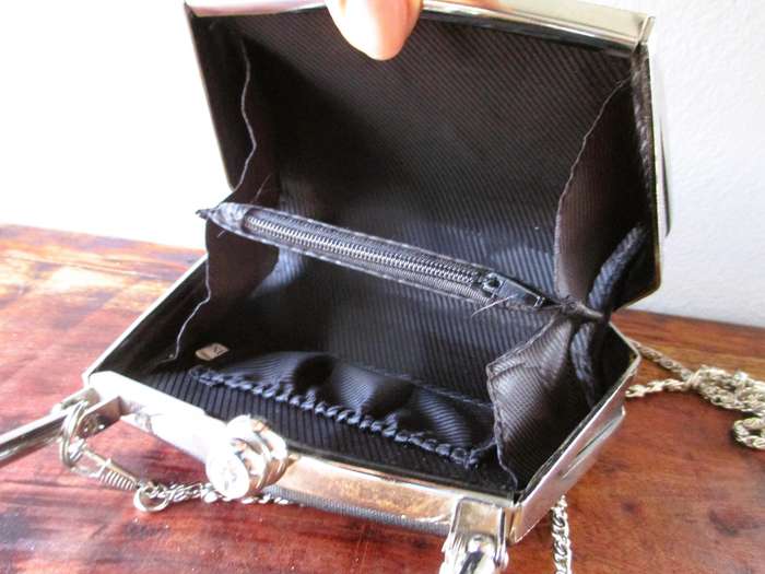 Black satin and silver color finiahes evening purse / clutch, rhinestone detail on clasp 15x12cm