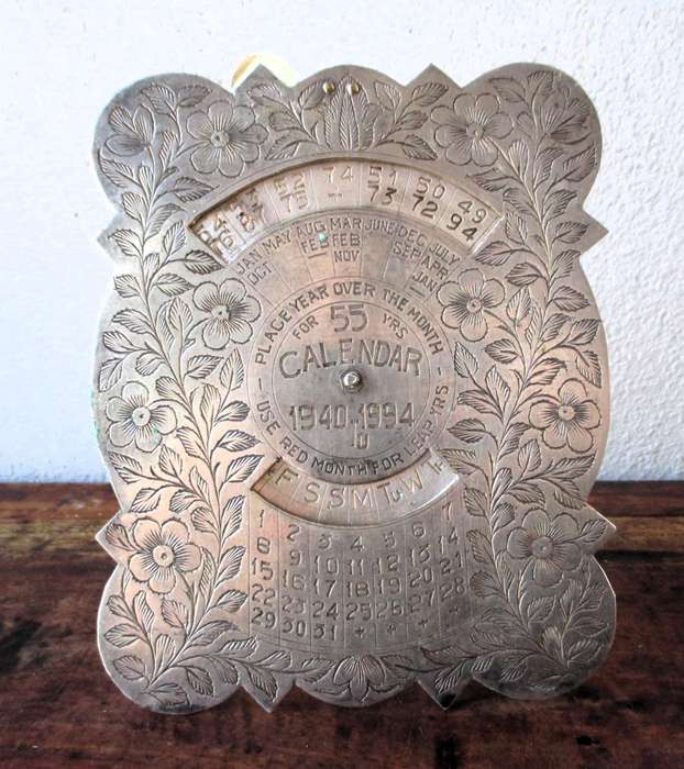 Vintage Ornate 55 Year 1940 to 1994 Engraved Calendar 150mm high. Made in India.