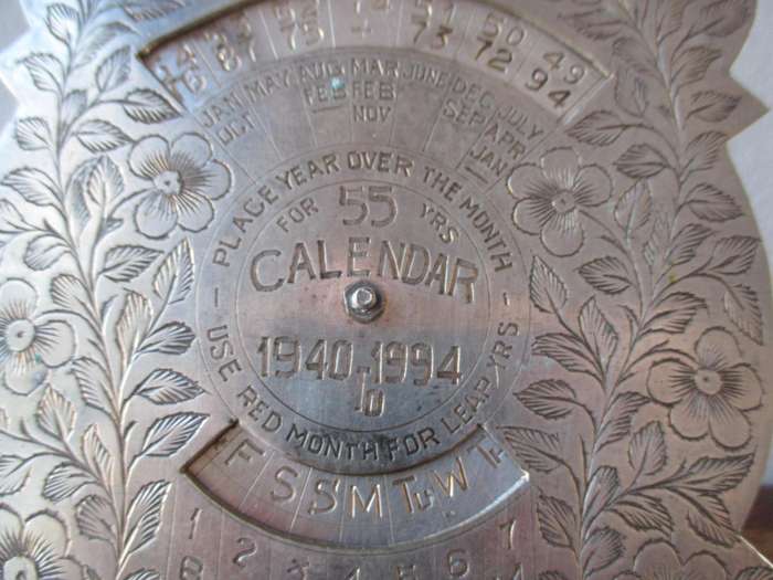 Vintage Ornate 55 Year 1940 to 1994 Engraved Calendar 150mm high. Made in India.