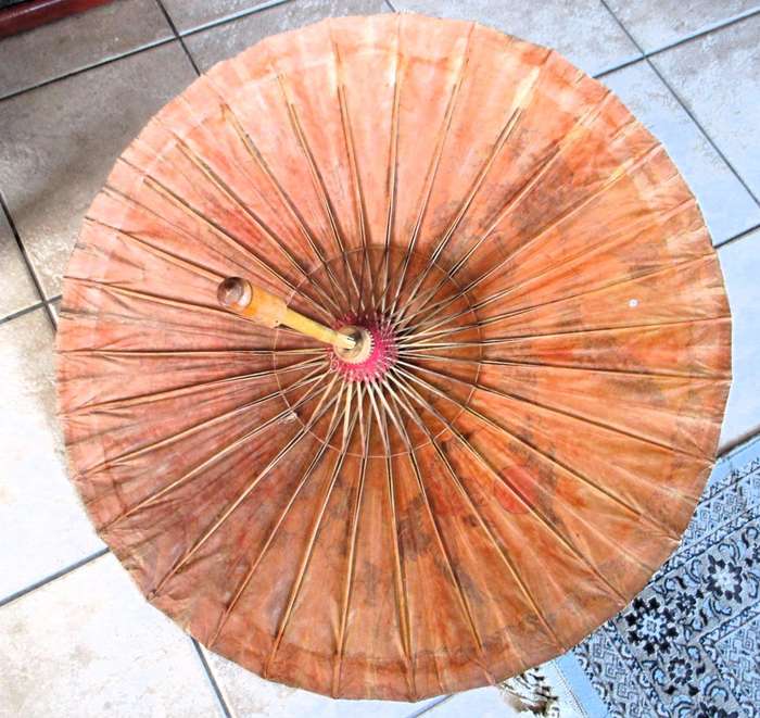 Vintage Oriental Bamboo Paper Parasol Umbrella Hand Painted Sun Birds & Flowers