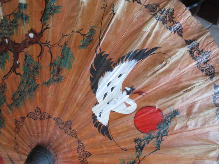 Vintage Oriental Bamboo Paper Parasol Umbrella Hand Painted Sun Birds & Flowers