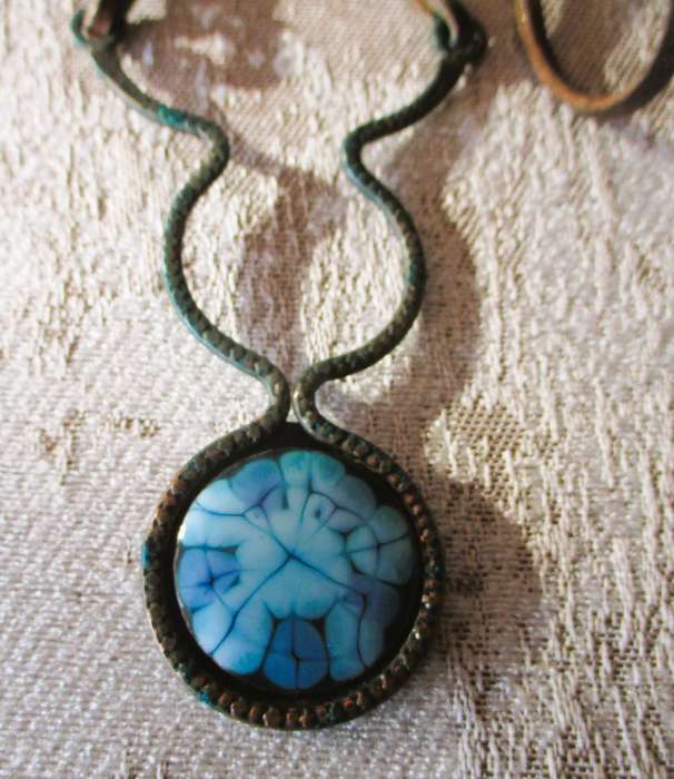 Vintage Original Abstract Art - Pendant 30mm - Necklace - Fluid Art set in brass with leather.