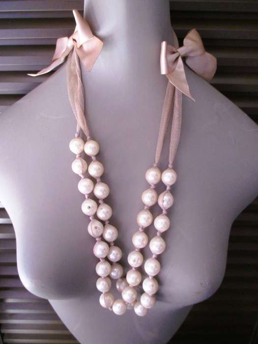 Vintage Faux Pearl Statement Necklace tied with ribbon and netting.