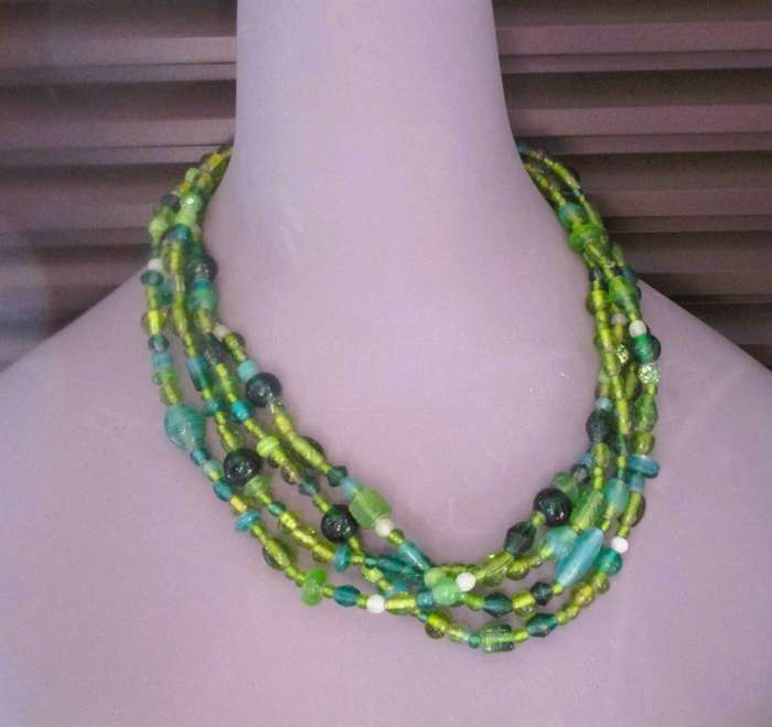 Vintage 1990s Green Blue Seed glass Beads 4 strands Necklace STUNNING,  44cm