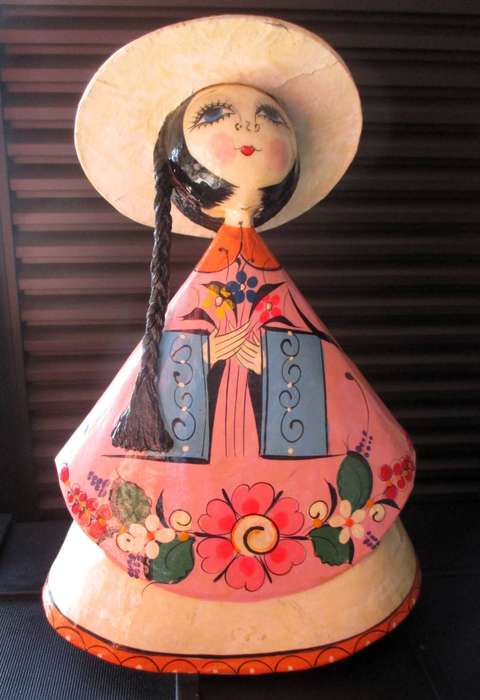 Vintage Mexican Folk Art Doll  Big Eyes Papier Mâché Figurine  Hand Painted 1960s1970s 33cm high.
