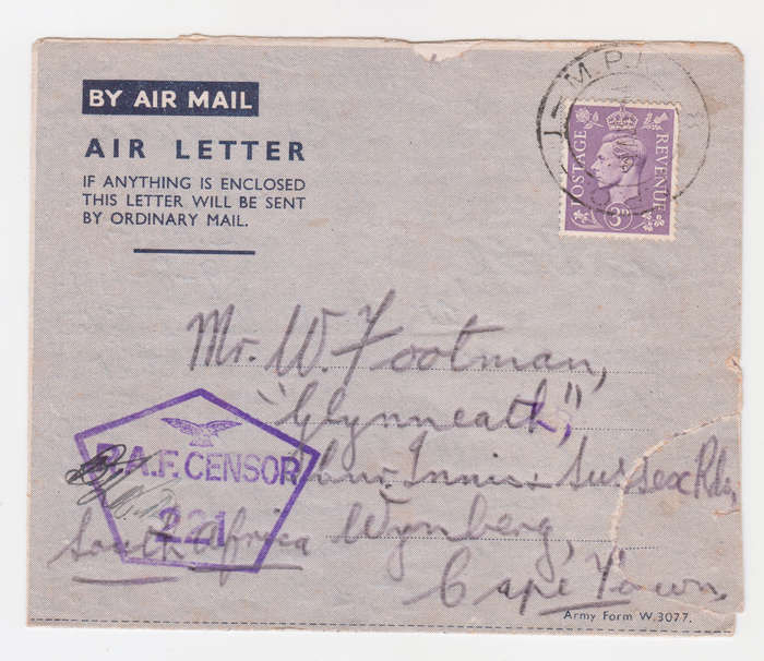 1944 WWII Air Letter. R.A.F. Censor 221.