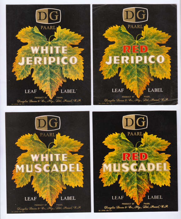 Vintage Wine Bottle Labels. Douglas Green Paarl. White and Red Muscadel, White and Red Jeripigo.
