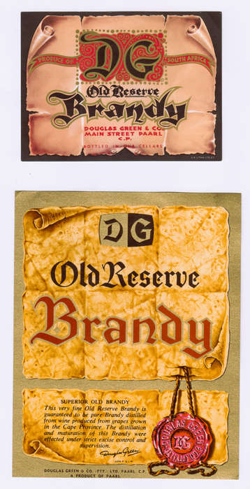 Vintage Wine Bottle Labels. Douglas Green Paarl. Old Reserve Brandy. Two different sizes.