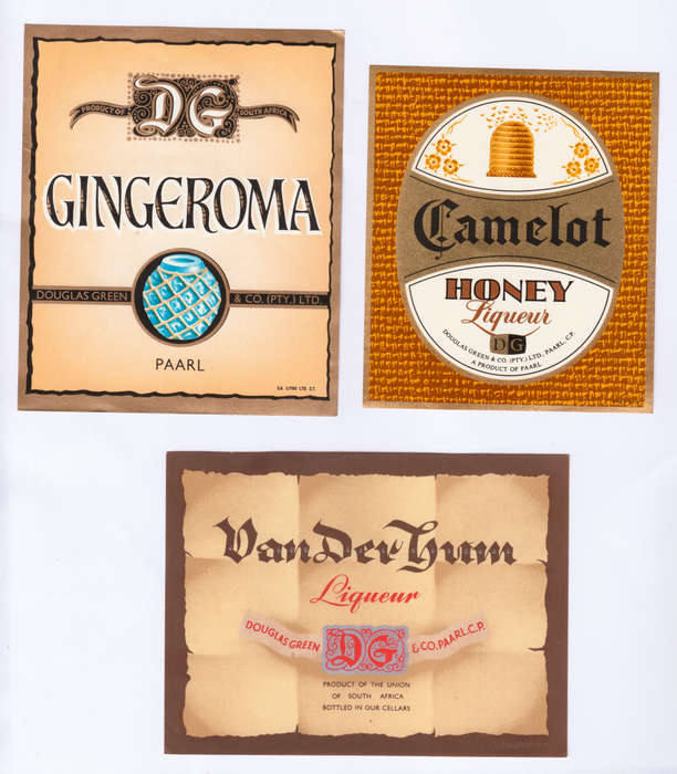 Vintage Wine Bottle Labels. Douglas Green Paarl. Gingeroma, Van der Hum Liqueur, Camelot Honey Lique