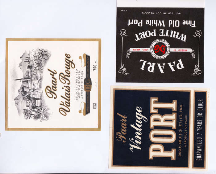 Vintage Wine Bottle Labels. Douglas Green Paarl. Vintage Port, Vintage White Port, Valais Rouge.