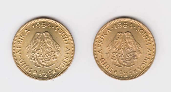 Lot of 2 1964 South Africa Republic Bronze half cent.
