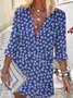 Dress - Blue & White Floral Mini 3/4 Sleeves Medium