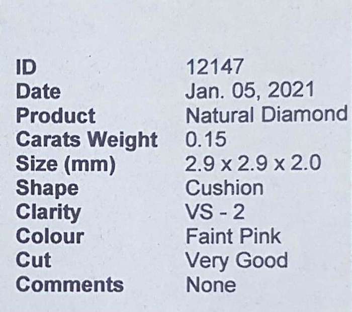 0.15cts Diamond Cushion Cut VS2 Faint Pink  CERTIFIED