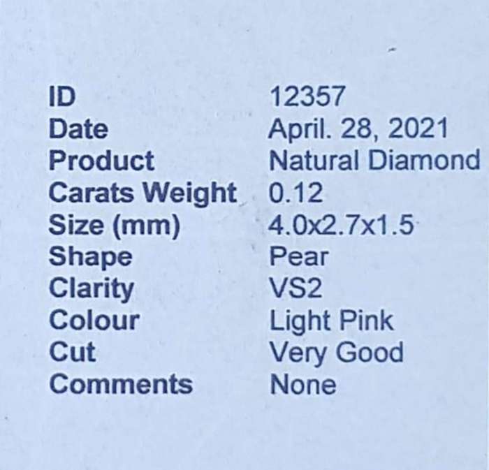 0.12cts Diamond Pear Cut VS2 Light Pink  **CERTIFIED**
