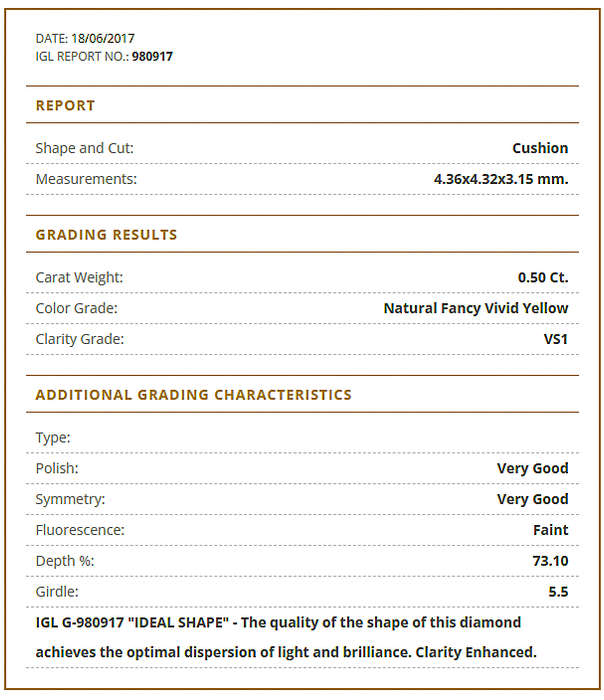 0.50cts Diamond Cushion Cut **Certified**Fancy Vivid Yellow VS1