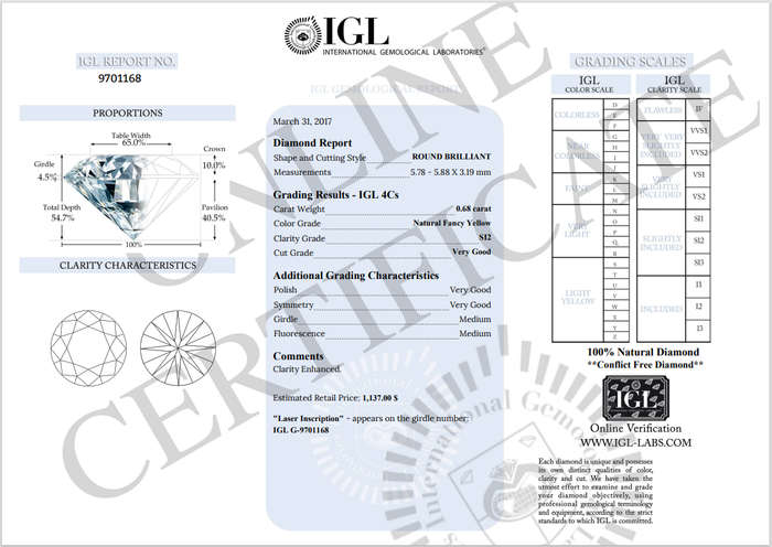 0.68Cts  DIAMOND ROUND**CERTIFIED** SI2 LIGHT YELLOW NATURAL