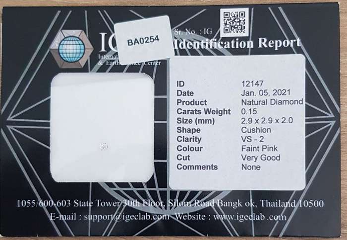 0.15cts Diamond Cushion Cut VS2 Faint Pink  CERTIFIED