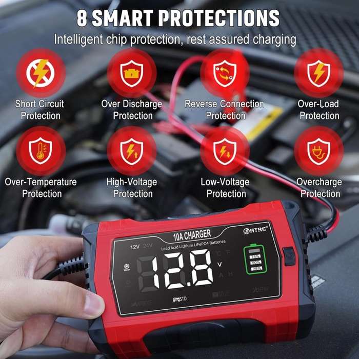HTRC 10A 12V-24V Battery Charger Fully Automatic Car Pulse Repair 7-stage Charging For AGM Lithium
