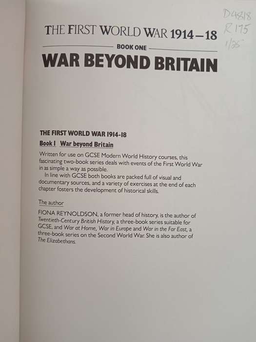 The First World War 1914-18 Book One War Beyond Britain by Fiona Reynoldson