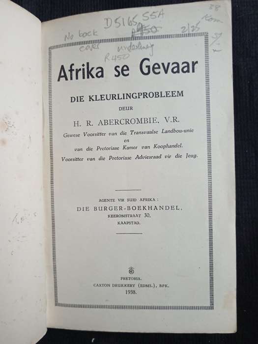 Afrika Se Gevaar Die Kleurlingprobleem by H R Abercrombie