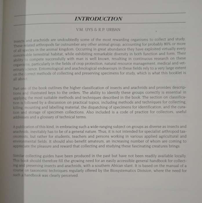 How to Collect and Preserve Insects and Arachnids Edited by Vivienne M Uys & Rosalind P Urban
