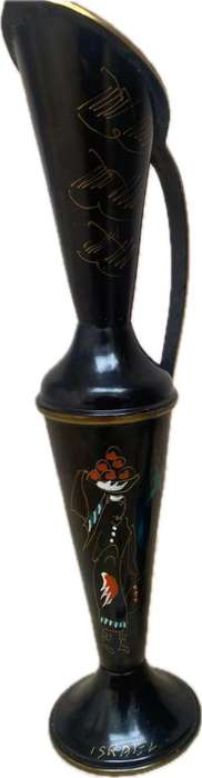 Vintage Israel brass pitcher and vase pair enamel hand painted
