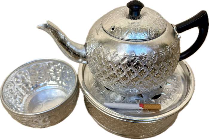 Vintage tea kettle set aluminium ware Thai handicraft pattern 5 piece