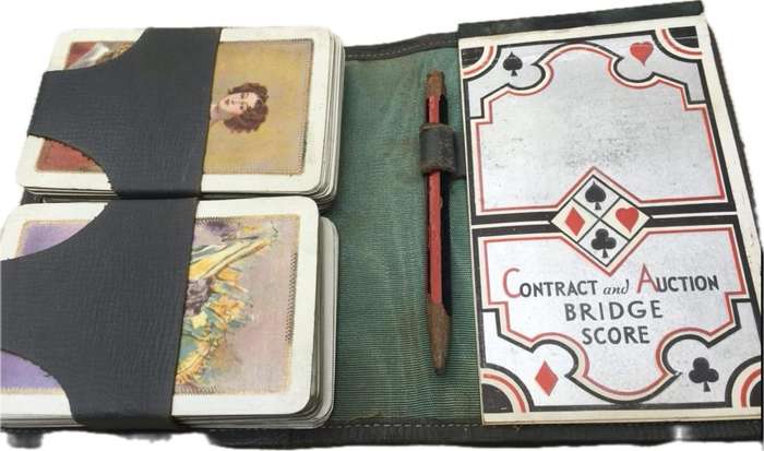 Vintage Contract Bridge Card travel set in leather case