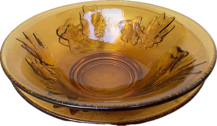 Vintage Pasari Indonesian Amber Glass Goldfish Koi Bowl Pair of 2