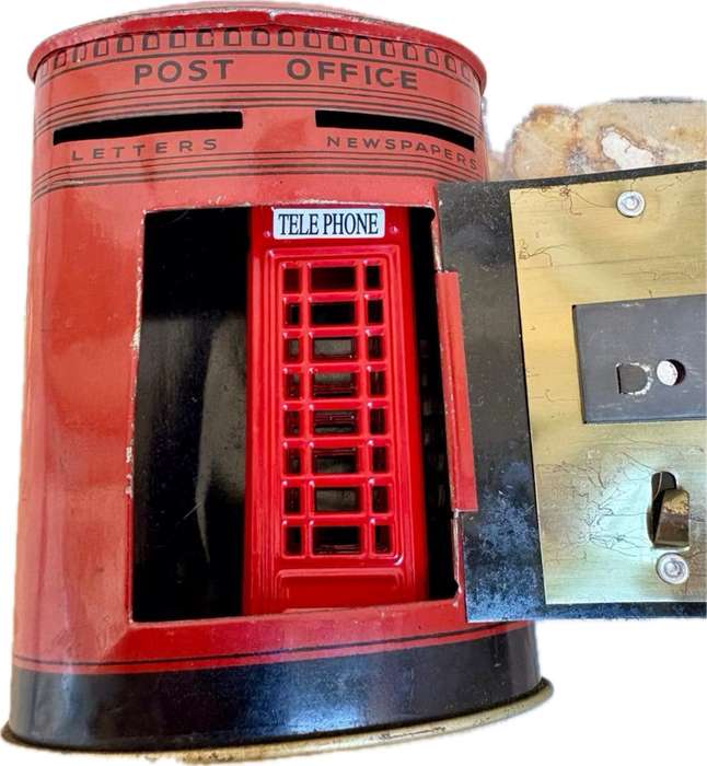 London telephone booth pencil sharpener die cast , with post box money box pair