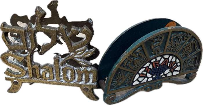 Brass and Enamel Fan Shape letter holder, Napkin Holder shalom pair