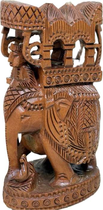 Intricate hand carved wood elephant and rider statue figure