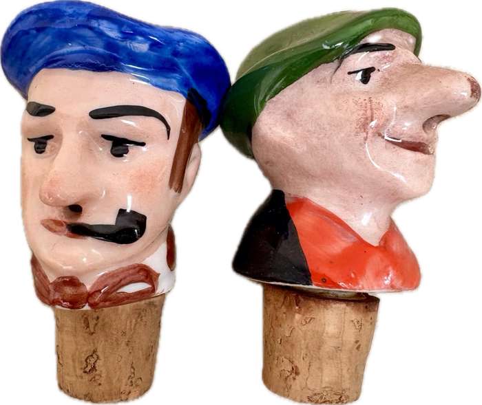 Vintage German Porcelain Cork Figural Bottle Stopper/ Pourer Pair of 2