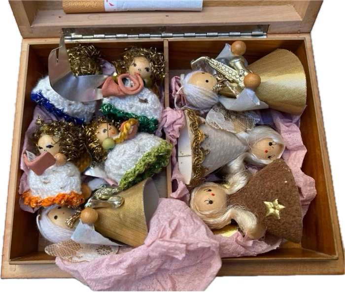 Vintage German Xmas decoration lot of 8 hand made in trinket box