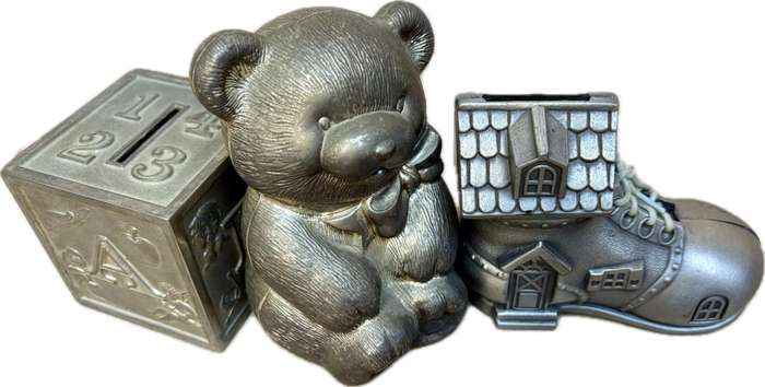 Vintage child toy metal money box lot of 3 ornament