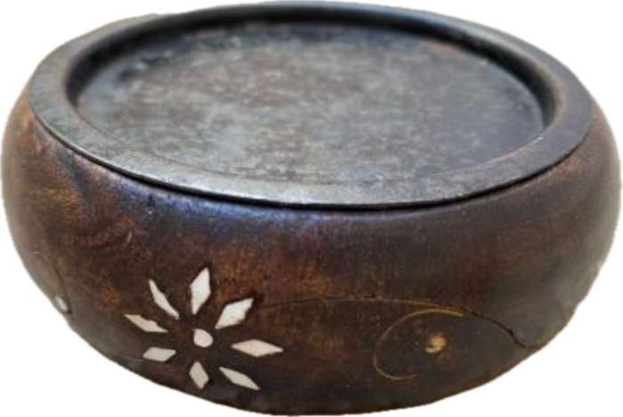 vintage candle base plate wood with inlay inlaid detail , origin India