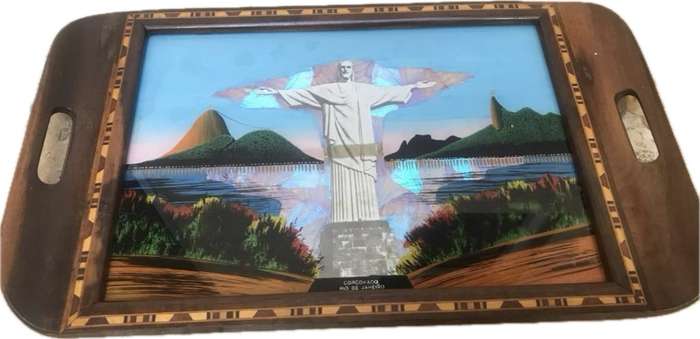 Vintage Christ the redeemer reverse painted butterfly tray wood inlay art Brazil